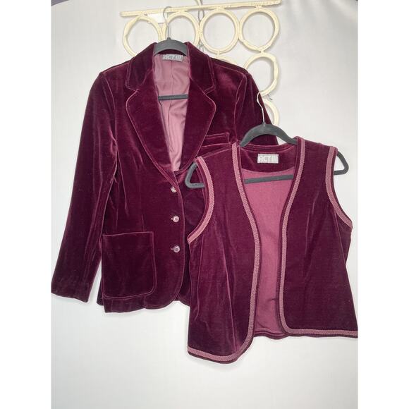 Dark Academia 2 Piece Blazer Vest Set Womens Size S Burgundy Velvet Vintage USA - Picture 2 of 16